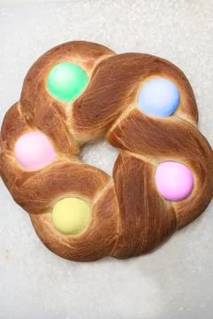 Braided Easter Bread made with Baked Eggs Stock Photos