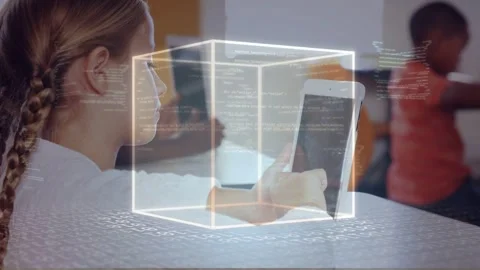 Braided girl tapping tablet, animating wire cube around hands and code lines for Stock Footage 333540211