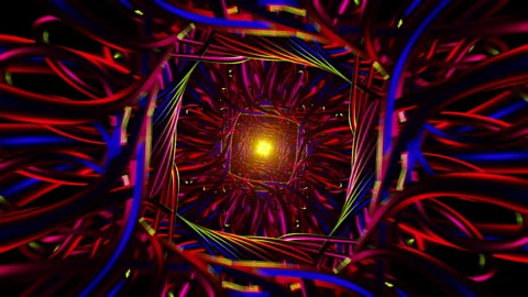 Braided neon cable loop VJ seamless tunnel with glowing golden core vortex Stock Footage 329382221