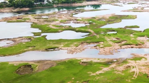 Braided river dried up and exposed riverbed in winter season Stock Footage 346886885