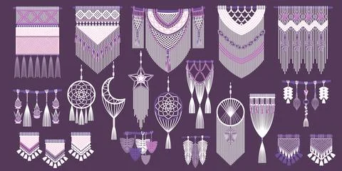 Braided rope wall decorations. Hanging macrame goods, handmade knitted elements Illustrazione stock