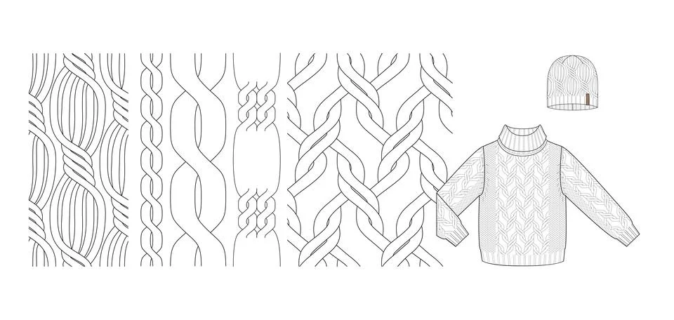 Braids set for knitted clothes technical sketch. Illustrazione stock