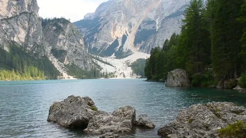Braies lake at sun set Stock Footage 127700317