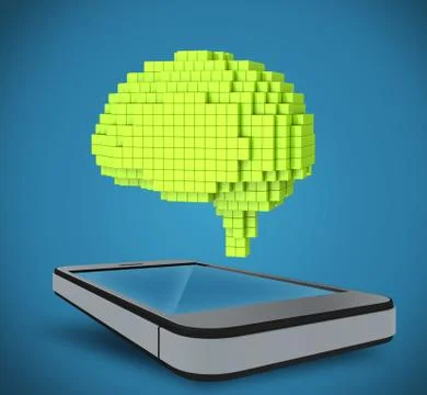 The brain as a 3D pixel, located over the phone Stock Illustration