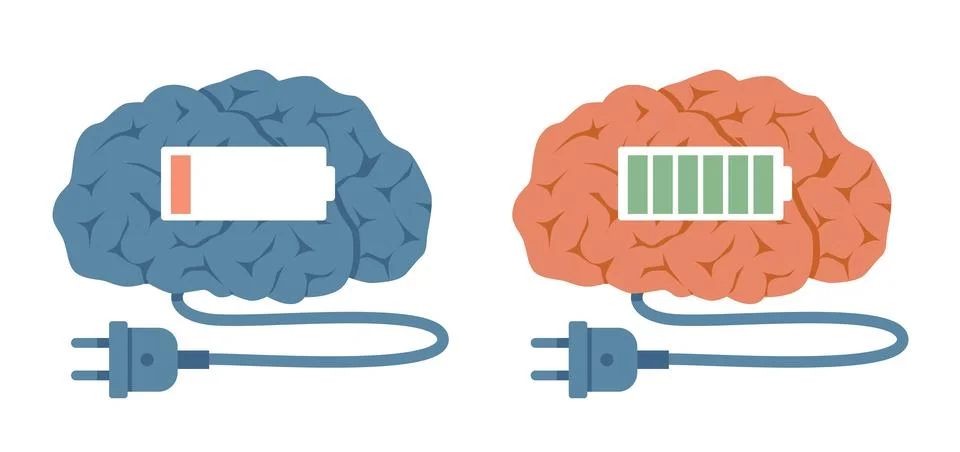 Brain activity, brain with and without full charge. Battery levels in head Illustrazione stock