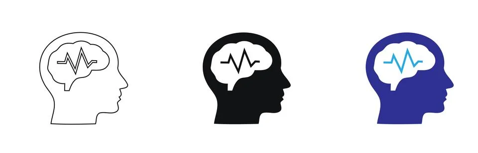 Brain Activity Icons with Waveform and Blue Head Silhouette Stock Illustration