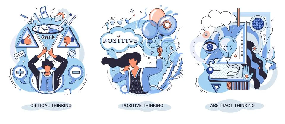 Brain activity set. Critical thinking, positive thinking, abstract thinking イラスト素材