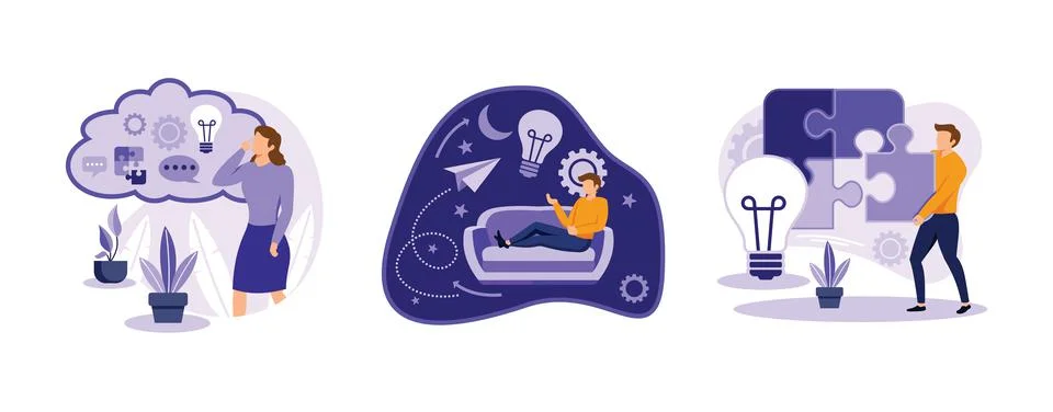 Brain activity. Thinking and imagination, problem solving, brainstorming, ide Stock Illustration