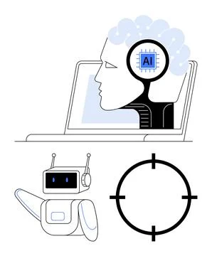 Brain with AI chip inside connected to a laptop, waving robot, and target ret Stock Illustration