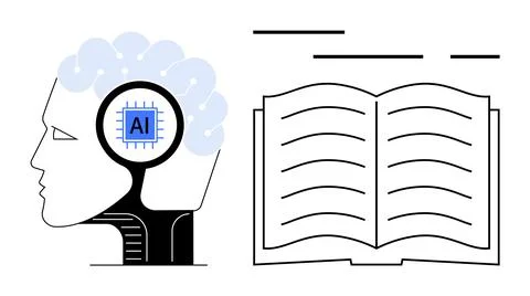 Brain with AI circuit and open book representing technology and learning. Ide Illustrazione stock