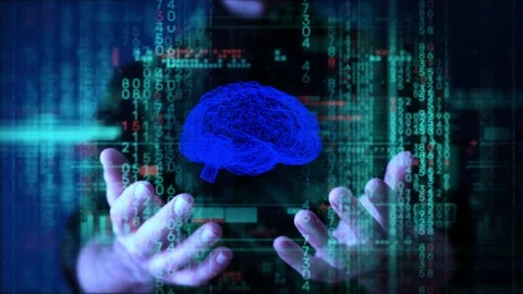 Brain Ai technology concept. Digital neon human brain with data network and Stock Footage 239713612