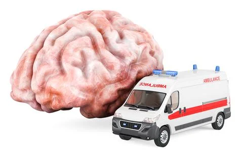 Brain with ambulance van. 3D rendering Stockillustratie