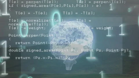 Brain and binary code with programming text, artificial intelligence animation Stock Footage 305133057