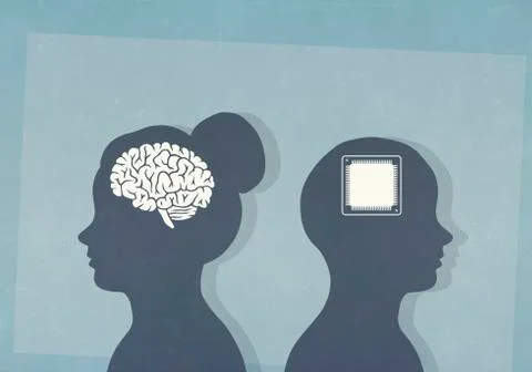 Brain and computer chip in silhouetted heads Stock Illustration
