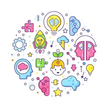 Brain and Creative Mind Design with Line Icon Arranged in Circle Vector Template Ilustración de archivo