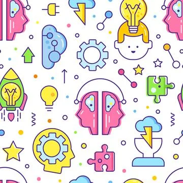 Brain and Creative Mind Design with Line Icon Vector Seamless Pattern Stock Illustration