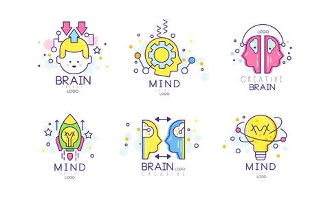 Brain and Creative Mind Logo Design with Man Head and Light Bulb Vector Set Stock Illustration