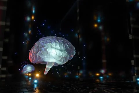 Brain and dark cubic space background, 3d rendering. Stock Illustration