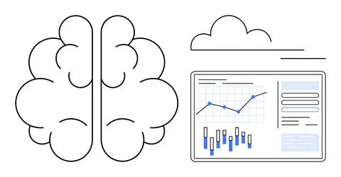 Brain and Data Analytics Concept with Bar and Line Charts in Cloud Environmen Illustrazione stock