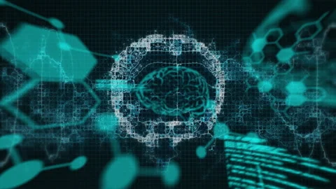 Brain and data processing animation over digital interface with blue elements Video stock 304102789