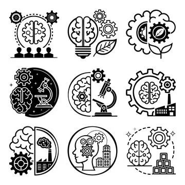 Brain and gears concept with science and industry msea set cogwheel Stock Illustration
