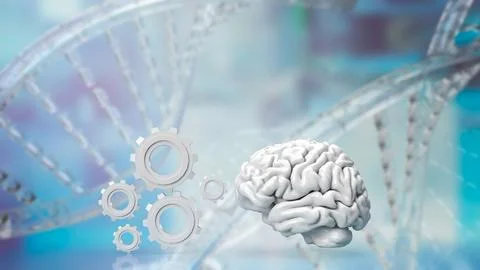The Brain and gears on dna background 3d rendering Stock Illustration