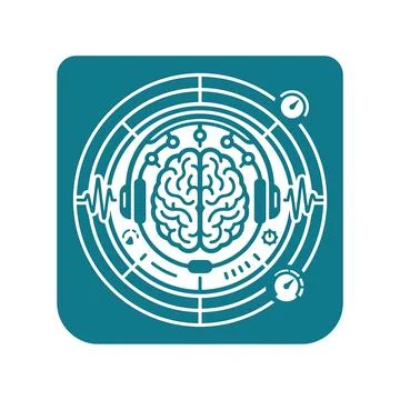 Brain and headphones in a circular interface, symbolizing neurotechnology a.. Stock Illustration