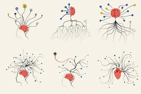 Brain and Heart Network Concepts: Six Textured Vector Illustrations Stock Illustration