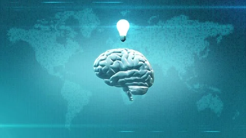 Brain and light bulb in front of digital Earth map Video stock 75348238