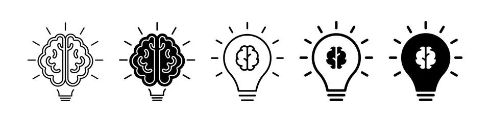 Brain and light bulb icon set representing creative thinking and innovation Stock Illustration