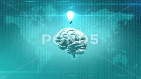 Brain and lightbulb in front of Earth digital map Stock Illustration