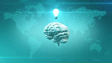 Brain and lightbulb in front of Earth digital map Illustrazione stock