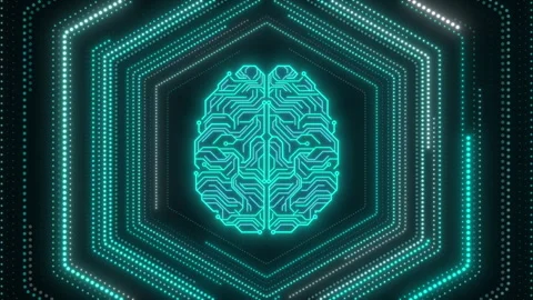 Brain and print circuit board with moving lights on blue background Stock Footage 345479334