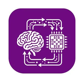 Brain and processor circuit loop icon purple box for neural network system .. Stockillustratie