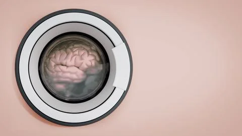 Brain being washed in washing machine. 3D illustration Stock Illustration