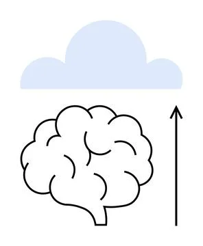 Brain beneath a blue cloud with upward arrow suggesting growth and learning.  Illustrazione stock