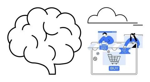 Brain beside laptop screen displaying online shopping icons, people browsing  Stock Illustration