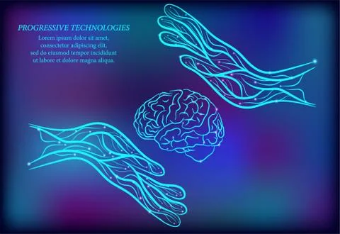 The brain between two human hands.The study of the human brain. 3D science an Stock Illustration