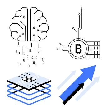 Brain with binary code, cryptocurrency symbol, digital layers, and upward arr Illustrazione stock