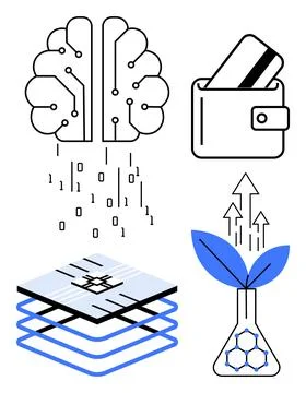 Brain with binary code, digital wallet, tech layers, and plant in flask. Idea Stock Illustration