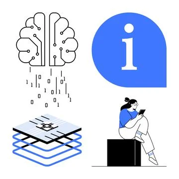 Brain with binary code, information bubble, processor layers, person with tab Stock Illustration
