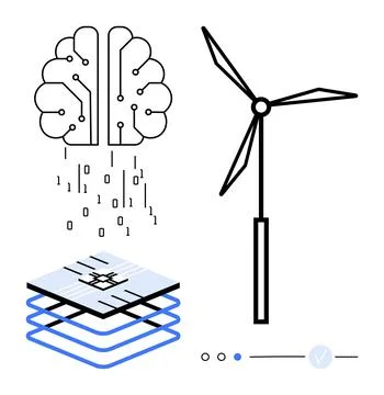 Brain with binary code, wind turbine, and layered circuits. Ideal for AI, cle Illustrazione stock