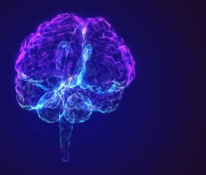 Brain. Blue 3d side of the brain with synapses and glowing neurons. Conceptual 스톡 일러스트