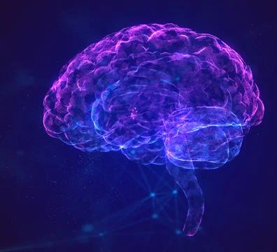 Brain. Brain with synapses and glowing neurons. Conceptual image of the birth of Illustrazione stock