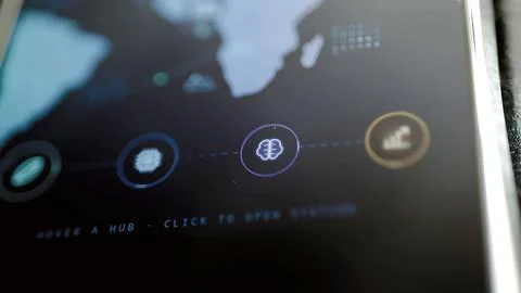 Brain button between processor and chart icons Stock Photos