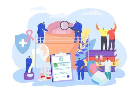 Brain cancer surgery vector illustration, cartoon flat tiny doctor characters Stock Illustration