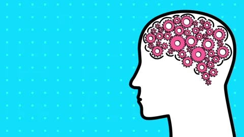 Brain cartoon cogs in head contour on blue background. Stock Footage 164111467