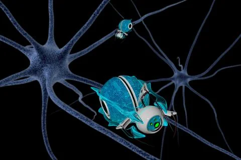 Brain cell and nanorbots. 3D render Illustrazione stock