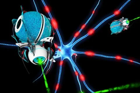 Brain cell and nanorbots. 3D render Stock Illustration