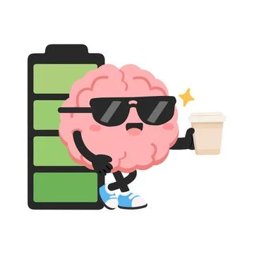 Brain Character Holding Coffee and Battery Stock Illustration